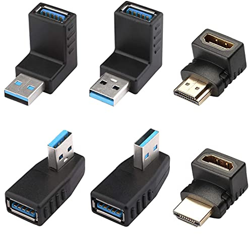 Greluma 4 Piezas Adaptador USB 3.0 en ángulo y 2 adaptadores Macho a Hembra compatibles con HDMI, Adaptador en ángulo Derecha/Izquierda/Arriba/Abajo, Adaptador de 90 y 270 Grados.