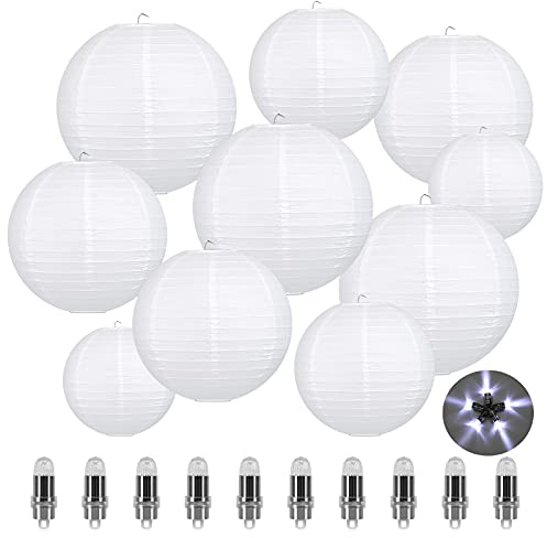 LIHAO 10er weiße Papier Laterne Lampions rund Lampenschirm mit 10 Pcs Weiß Mini LED-Ballons Lichter Hochtzeit Dekoration Papierlaterne (Verschiedene Größen)…