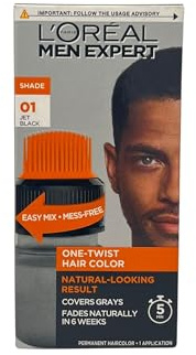 L’Oreal Paris Men Expert One Twist Mess Free Permanent Hair Color, Mens Hair Dye to Cover Grays, Easy Mix Ammonia Free Application, Jet Black 01, 1 Application Kit