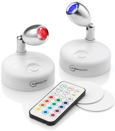 Auraglow Kabellose Spots 2er Set mit Fernbedienung, Farbwechsel | Batteriebetriebene Akzent Lampen innen, 12 Farben plus Weiß, Timer, kleben oder schrauben, für Schrank und Deko
