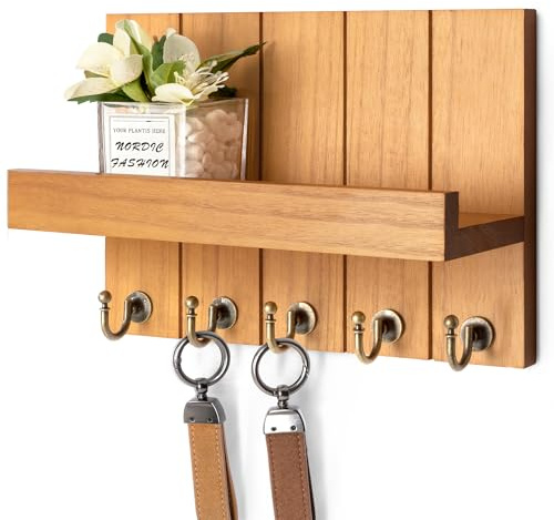 Rebee Vision Key Holder Wall Mount with Shelf for Living Room, Light Brown