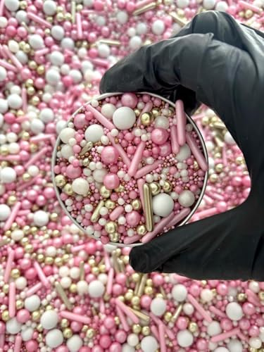 Edible Pink & Gold Sprinkles Mix 45g | Metallic Sugar Pearls & Balls | Cake Cupcake & Cookie Decorations | Baby Shower Wedding Birthday Baking Toppings