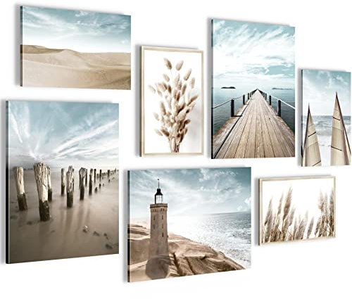 Novart Wandbilder Strand Meer Leuchtturm - KOMPLETT AUFHÄNGFERTIG - Blau Beige Wohnzimmer Schlafzimmer - 7 Moderne Mood-Bilder - N007171a