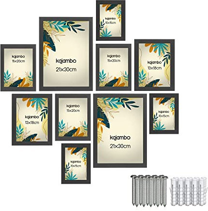 kajambo Bilderrahmen 10er Set (schwarz, 10x Dübel & Schrauben, Plexiglas) - 10 Fotorahmen Größen mit 13x18 cm / 21x30 cm(DIN A4) / 15x20 cm / 10x15 cm