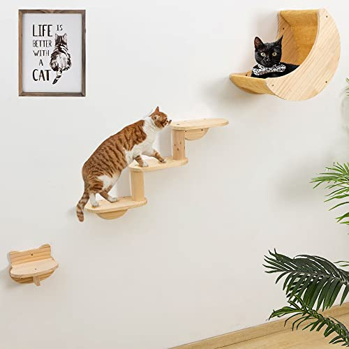HAPYKITYS Katzenregal für Wandmontage, Hängematte mit 3 Ebenen, Kletterleiter und Regalen, Mond Katzen, Wandmöbel für Aktivität, Indoor Kitty (3 Stufen Stufen)