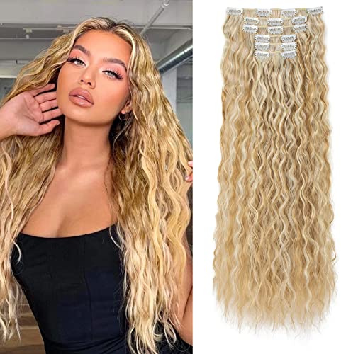 FLUFYMOOZ Clip in Extensions, 60cm 6PCS Lange gewellt Wellige Clip in Haarverlängerungen Dickes Natürliches Weiches Synthetisches Haarteil Für Frauen Mädchen Blond mit Hellblond