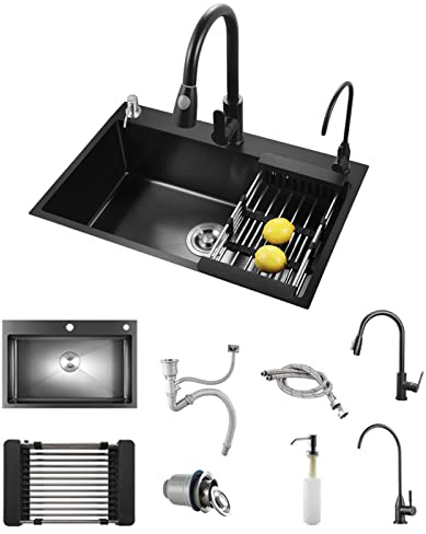 Umisu Évier Cuisine Noir en Acier Inoxydable 55 * 45CM, Évier Simple avec Robinet Extensible, Distributeur de Savon et Panier égouttoir avec Robinet Rétractable Panier Distributeur de Savon