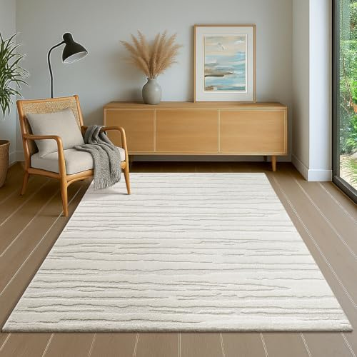 the carpet Everest - modern short pile with high-low effect, 3D effect, high pile density and pleasantly soft, abstract design, cream, 240 x 340 cm