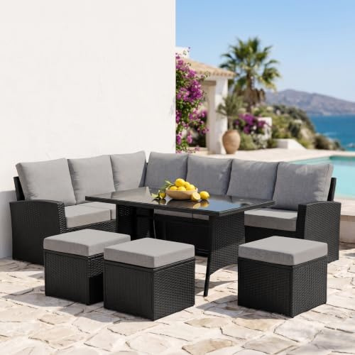 EVRE 9 Seat Marilyn Corner Sofa & Dining Rattan Garden Furniture Set for Indoor Outdoor Patios Gardens Conservatories (Black)