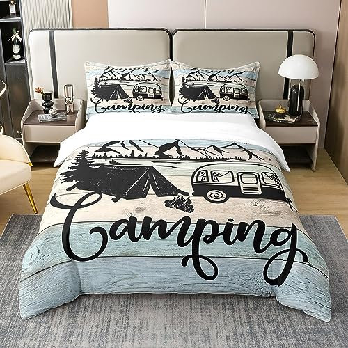 100% Bio-Baumwolle Happy Camping Bettbezug 200x200,Rustikale Camper Bauernhaus Bettwäsche Set Camping Zubehör Rv Auto Thema Regenbogen Holz Bett Sets mit 2 Kissenbezüge Ultra Soft