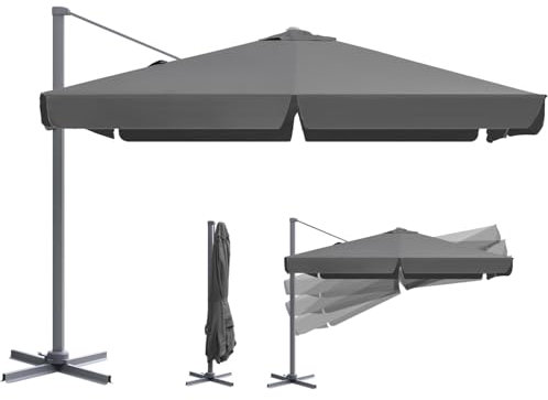 Sekey Alu Sonnenschirm Ampelschirm 300 cm x 300 cm, mit Kurbelbedienung, 360° drehbar und neigbar, inklusive Fußpedal, quadratisch Gartenschirm mit UV50+ Sonnenschutz für Garten und Terrasse