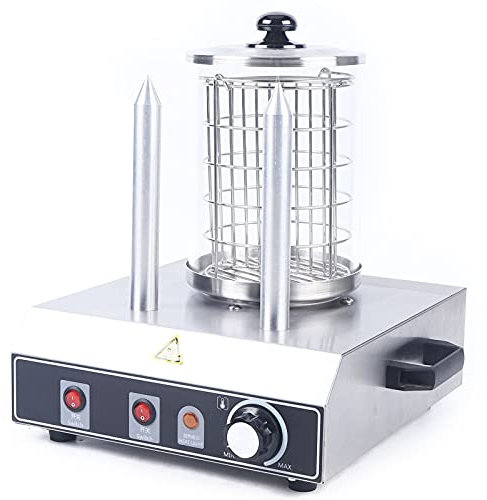 Hot Dog Maker HotDog Chauffe-vapeur 422 W 2 brochettes Régulateur de température 0-85 °C Cylindre en verre : Ø 16 cm Boîtier en acier inoxydable Cuiseur à saucisses professionnel Argenté