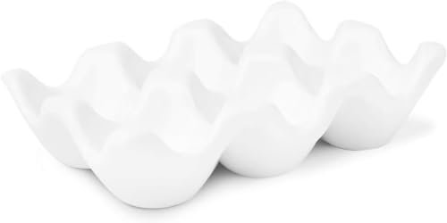 KLUFO Bandeja de Cerámica para 6 Tazas de Huevos - Media Docena de Hueveras de Porcelana Organizador de Almacenaje para la Encimera del Frigorífico Utensilios de Cocina (Blanco)