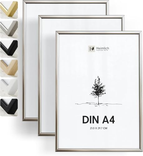 Heimlich® - Cornice per foto - A4 21x30 cm, Alluminio, Argento, Confezione da 3 - Cornici per certificati e diplomi con copertura in foglio di plastica - Montaggio a parete o da tavolo