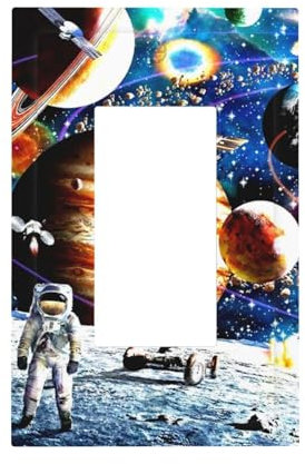 Celestial Blue Outer Space Kid Boy 1 Gang Single Decorator GFCI/Rocker Wall Plate Rocket Planets Astronaut Spaceman Electrical Outlet Decorative Receptacle Cover Light Switch for Dimmer, USB, Mid Size