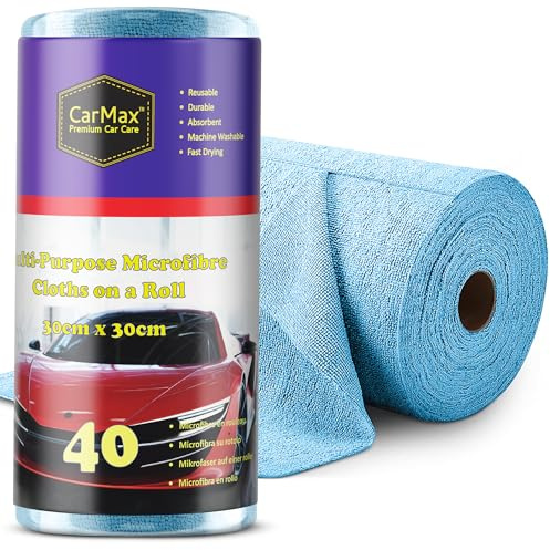 CarMax® – 40 Mehrzweck-Mikrofasern zur Autoreinigung und Detaillierung auf einer Rolle, wiederverwendbare Mikrofaser-Handtücher, 30 cm x 30 cm, auf Rolle zum Abreißen