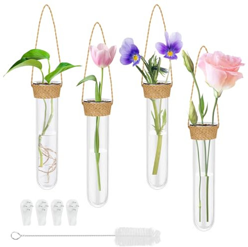 Jarrón de tubos de ensayo, tubos de ensayo para flores, jarrón de cristal creativo, jarrones de pared colgantes con cordón de yute y cepillo de limpieza, jarrón de pared pequeño para plantas