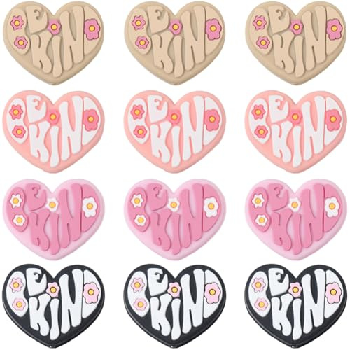 SUNNYCLUE 1 Box 12Pcs 4 Styles Heart Silicone Focal Beads Heart Shape Beads Valentine's Day Printed Flowers Large Pink Red Rubber Romantic Love Hearts Beads for Bracelets Beaded Keychains Gifts Women