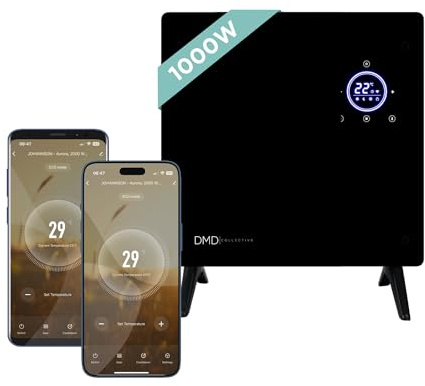 DMD Collective - Wifi Enabled Smart Heater, Glass Panel Heater| Touch Screen Control, 5-50 Degree Temperature 24hr Timer | Free Standing and Wall Mounted (Brackets Supplied) (1000W)