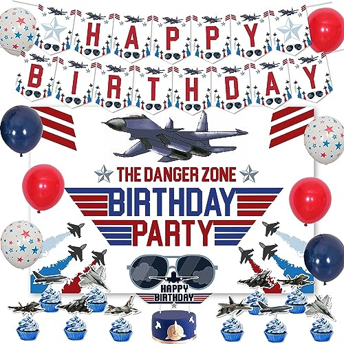 Fighter Jet Birthday Decorations, Airplane Theme Happy Birthday Backdrop Banner Cake Cupcake Toppers Pentagram Balloons Air Force Pilot Party Supplies for Bday