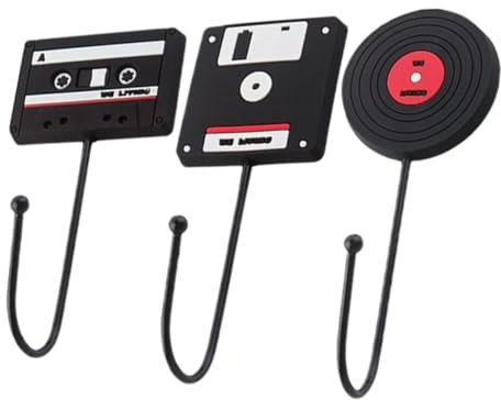 MAGICLULU Crochets Adhésifs Rétro En Fer 3 Pièces, Forme Disque Vinyle Et Cassette, Crochets Muraux Auto-adhésifs Noirs, Pour Suspendre Clés, Serviettes, Paquet à Main Chambre Et Salle De Bain