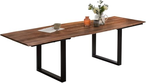 SAM Esstisch Adina 120(200) x90 cm Akazie nussbaum Baumkante U schwarz | Baumkantentisch massiv, Akazienholz nussbaumfarben, ausziehbar, 26 mm Tischplatte, mit 2 Ansteckplatten, Metallgestell