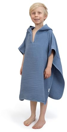 Ehrenkind® Bio-Musselin Badeponcho Kinder 1-5 Jahre | Oeko TEX | Sanft & weich aus 4-lagigen Musselin-Gewebe | Badeponcho Baby | Jeansblau