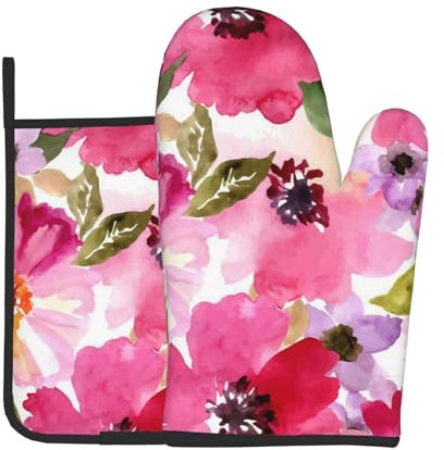 Ensemble de maniques et maniques à Motif Aquarelle, Motif Fleurs Rose Fuchsia, résistant à la Chaleur