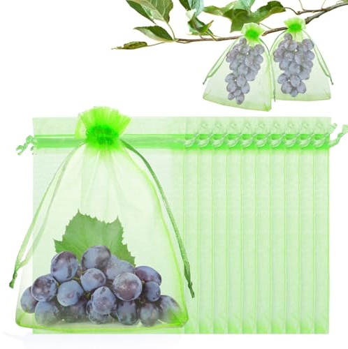 GWHOLE 50 Sachets Protection Raisin Vert Filet Maille avec Cordon, 15x20cm | Organza Réutilisable, Cordon Double Serrage, Maille Fine Respirante Anti-Insectes pour Fruits, Légumes et Jardin