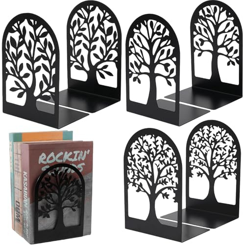 GOMETY 6 Stück Metall Buchstütze, Buchstützen Schwarz Bücherhalter Bücherstütze Bücherregal mit Hohlmuster Design Bookends Holder mit rutschfeste Bücherstopper für Schule Zuhause Büro 175x120x85mm