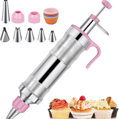 Juego de jeringas de acero inoxidable para decoración de postres, kit de tuberías de glaseado con 6 boquillas, herramientas de decoración de pasteles y cupcakes (rosa)
