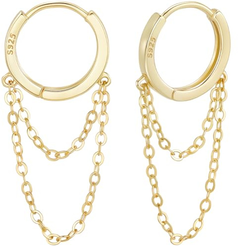 Beebeecraft Boucles d'oreilles Créoles en Argent Sterling avec Chaîne Dorée et Pampilles avec Boîte en Plastique Idéales comme Cadeau pour Femme