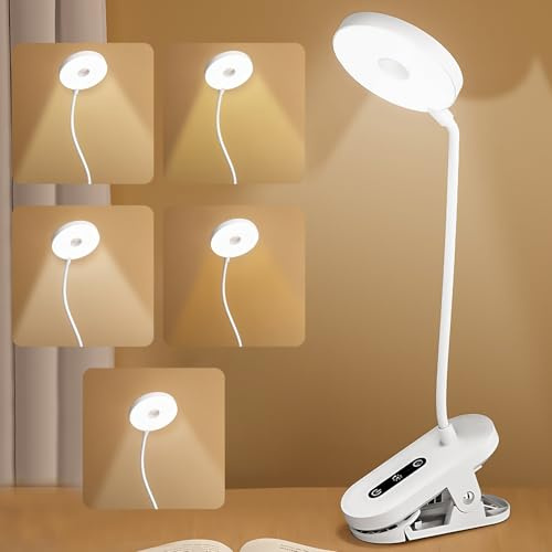 WIYETY Lampada da scrivania a morsetto: mini lampada da scrivania ricaricabile con braccio flessibile, lampada da scrivania per proteggere gli occhi, lampada da tavolo a LED con 5 temperature di