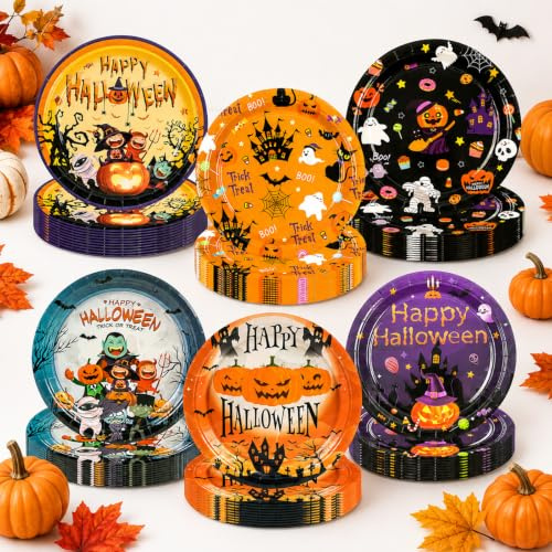 Lot de 60 assiettes en carton de 17,8 cm pour Halloween - 6 designs - Citrouille, monstre, chauve-souris, crâne et fantôme - Jetables - Pour Halloween, fête, dîner, vaisselle - Fournitures de