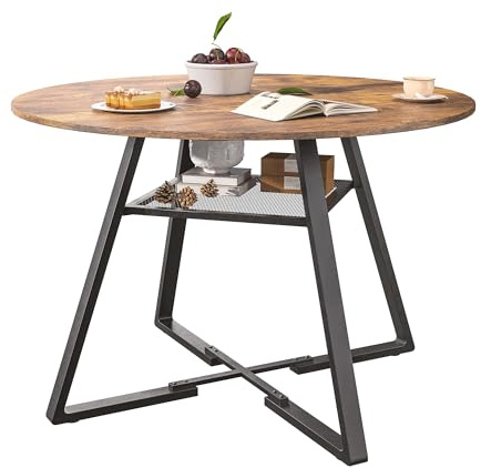 Esstisch, rund, 120 cm, Küchentisch für 4 bis 6 Personen, Esstisch aus Holz mit stabilen Metallbeinen und Aufbewahrung, Antik-Effekt, Holzmaserung + Schwarz (Rund, 120 x 120 x 75 cm)