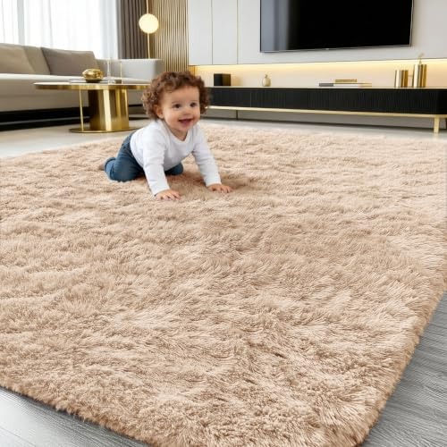 smiry Mjuk matta med lång lugg, fluffig tvättbar halkfri baksida, moderna mysiga mattor för hall, vardagsrum, barnrum, sovrum – kamel, 120 x 160 cm