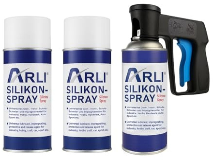 ARLI Silikonspray 3x 400ml + Pistolengriff für Sprühdosen Set Universelles Gleitmittel Trennmittel Schmiermittel Schutzmittel Gleitspray Pflegemittel Automobil Sportgeräte Handwerk Industrie