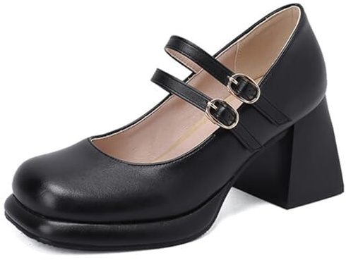Damer Mary Jane pumps kvadratisk spets dubbla remmar platå stor blockklack för fest kontor och kvällsevenemang PU-läder bekväm elegant, svart, 43 EU