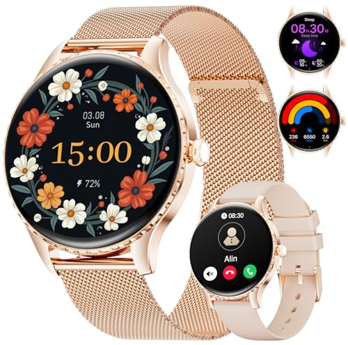 CHOOSETIME Montre Connectée Ultra-Fine 7,99 mm pour Femme, 1.32 AMOLED Smartwatch avec Appel Bluetooth pour Android iOS, IP68 Étanche, 270+ Cadrans, Fréquence Cardiaque/Sommeil, Or Rose