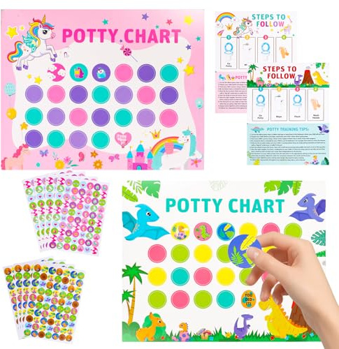 Lot de 30 tableaux d'apprentissage de la propreté pour tout-petits - 2 styles amusants - Tableau de récompense de motivation pour enfants - Dinosaures de la forêt tropicale - Licorne rose