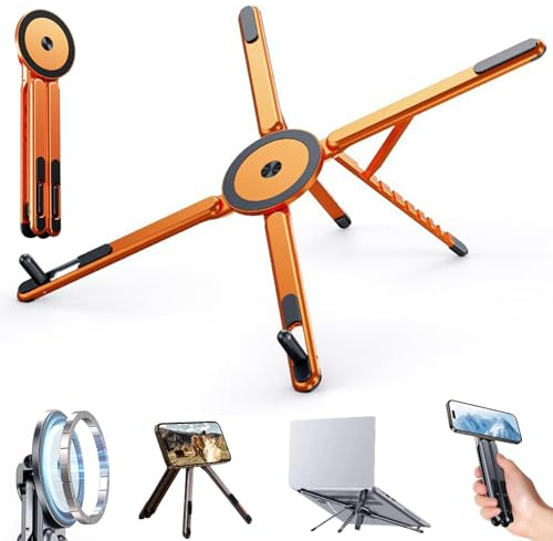 4-in-1 Multifunctional Magnetic Device Stand, Creative Alloy Rotating Folding Magnetic Phone Holder, Adjustable Height Laptop Stand, 360° Rotation Portable Holder for Phone, Tablet, Laptops (Orange)