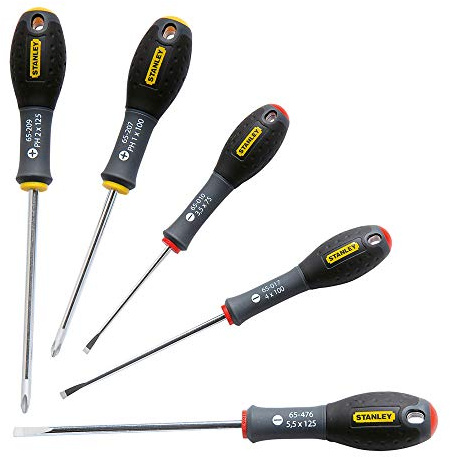 STANLEY Gamme FATMAX 0-65-440 Jeu De 5 Tournevis Parallèle/Cruciforme - Fabriqués En France - Utilisation Professionnelle - Grande Résistance - Sablage De L'Empreinte - Poignée Soft Grip