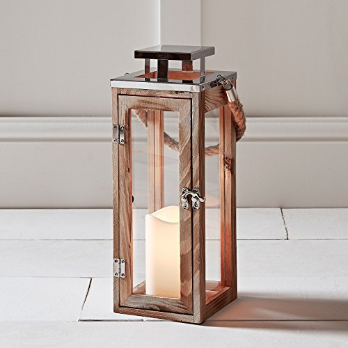 Lights4fun Large Nautical Wooden Decorative TruGlow® LED Candle Lantern Battery Operated with Timer Indoor and Outdoor Use 34cm