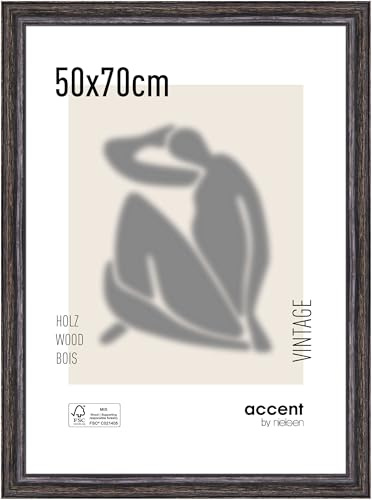 accent by nielsen Holz Bilderrahmen Vintage, 50 x 70 cm, Schwarz | Holz Posterrahmen im Hoch- & Querformat zum Aufhängen Schwarz gebürstet Echtglas