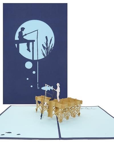 Pop Up Karte Angeln - Angelausflug - 3D Geburtstagskarte, Postkarte zum Ruhestand, Fischen, Angelsport - Geschenkgutschein und Einladungskarte mit Angler am See