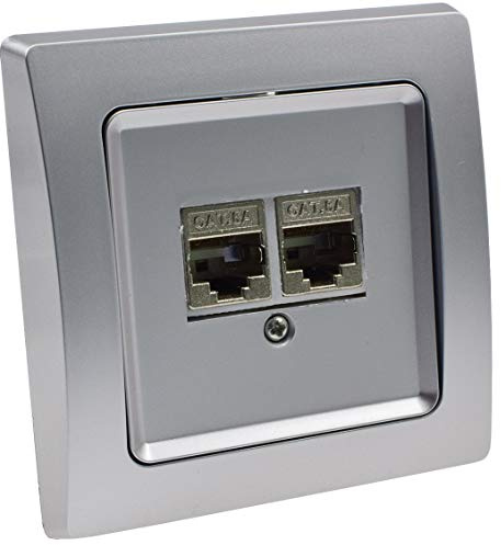ChiliTec Cat6a Netzwerk-Dose Delphi 2x RJ45 Unterputz Lan-Dose inkl. Rahmen Unterputz-Dose Grau Silber