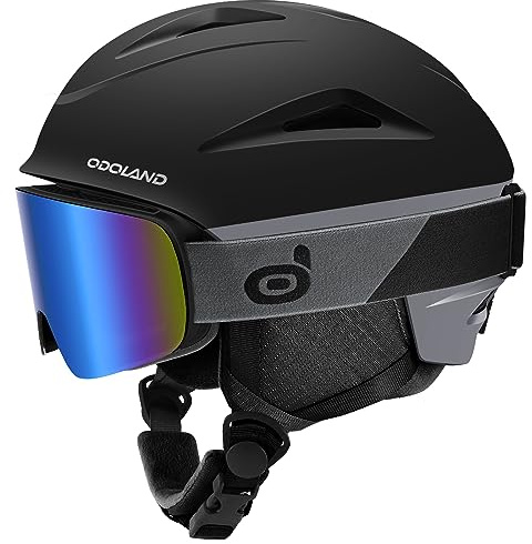Odoland Casco Esquí con Gafas Esquí, Casco Esquí para Hombre Mujer y Jóvenes, Casco Deportes de Invierno con 10 Orificios de Ventilación, Forro Extraíble, Tmaño Ajustable, Negro, L