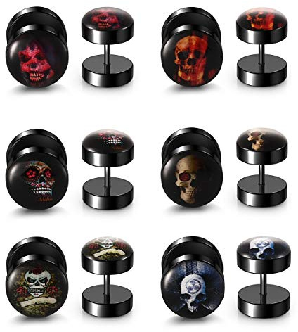 PiercingJak 6 Pairs Black Stud Earrings Fake Gauges Gothic Skull Earrings 18G Stainless Steel 00G Cheater Fake Ear Plugs Illusion Tunnel Piercing Barbell Stud Screw Earring Skull