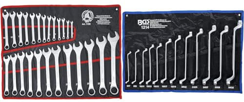 BGS Diy 1198 | Maul-Ringschlüssel-Satz | 25-tlg. | SW 6 - 32 mm | inkl. Tetron-Rolltasche | Gabelringschlüssel + 1214 | Doppel-Ringschlüssel-Satz | 12-tlg. | gekröpft | SW 6 x 7 - 30 x 32 mm