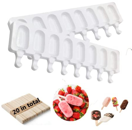 Silikon EIS am Stiel Formen 2 Stück 8 Zellen backform eis am stiel,formen,Eisformen Silikon,20 Eisstiele Holz,Kuchenform Dessertform Wiederverwendbare BPA Freie Pop Ice Lolly Mould